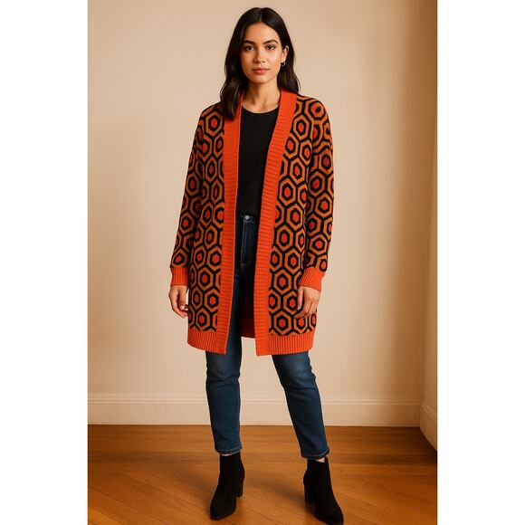 OXKNIT Cotton Oversized Cardigan Fall Sweater XL Orange Black Geometric Knit - Picture 1 of 13